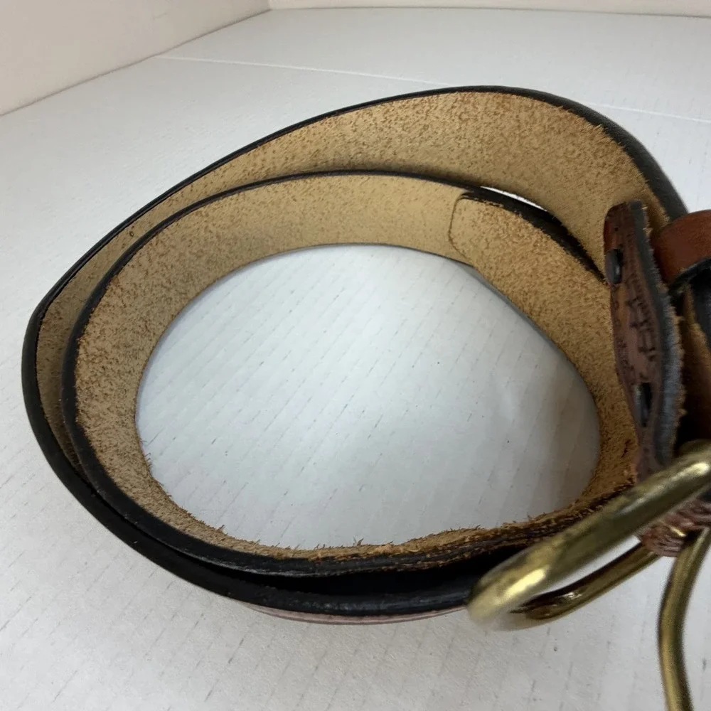 Western Cowboy Brown Leather Men's Belt Decorative Tooled Full Grain, Brass 47